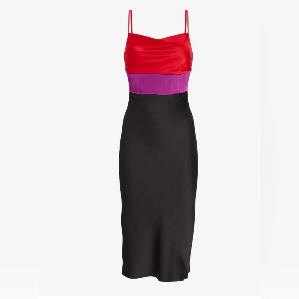 Satin Color Block Tier Cowl Neck Midi Slip Dress